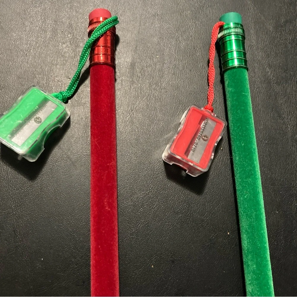 2 Pc  Large  Christmas Holiday 12 Inch Velvety Pencils With Sharpeners, Rare